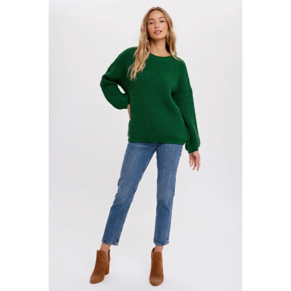 SOLD OUT Forest Green Waffle Knit Pullover Chunky Wide Puff Sleeve Casual - Picture 6 of 8